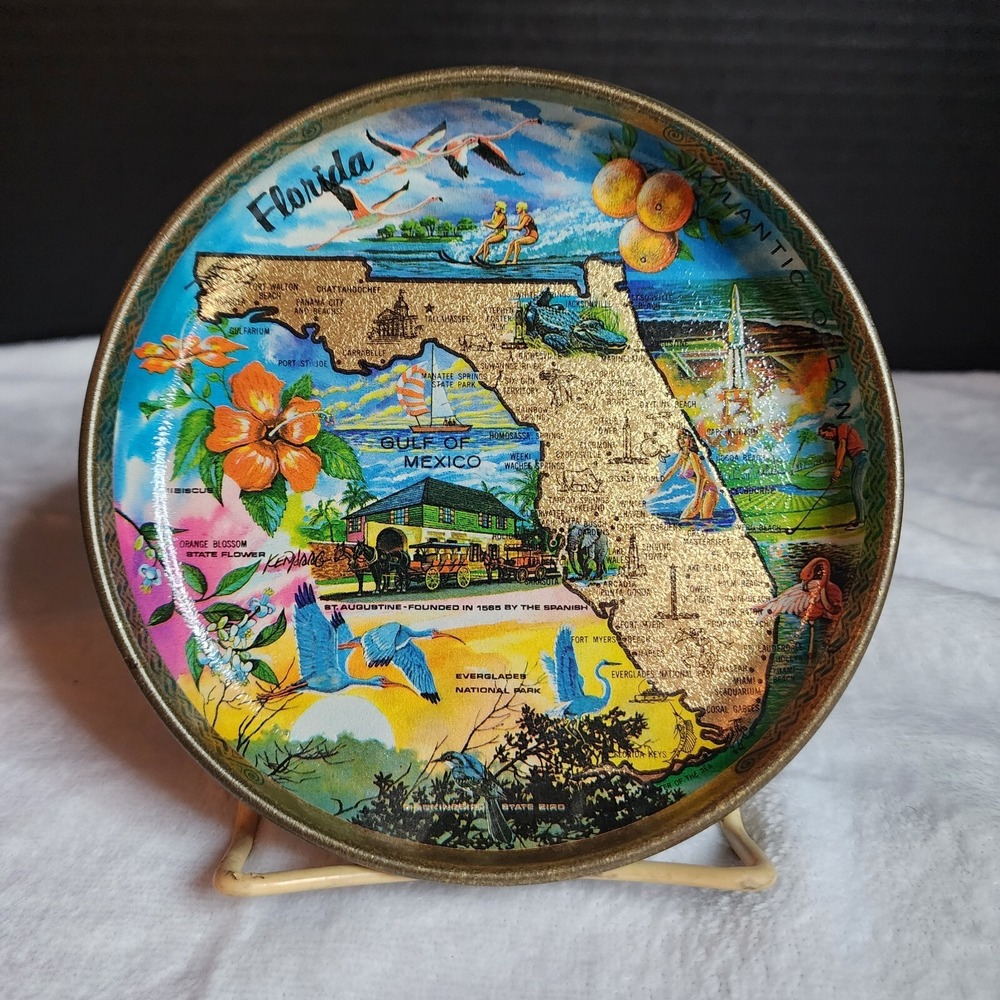 1960's VTG FLORIDA STATE GOLD METAL SOUVENIR TRAY USA 6.5 in TOURISM READ DESCRT
